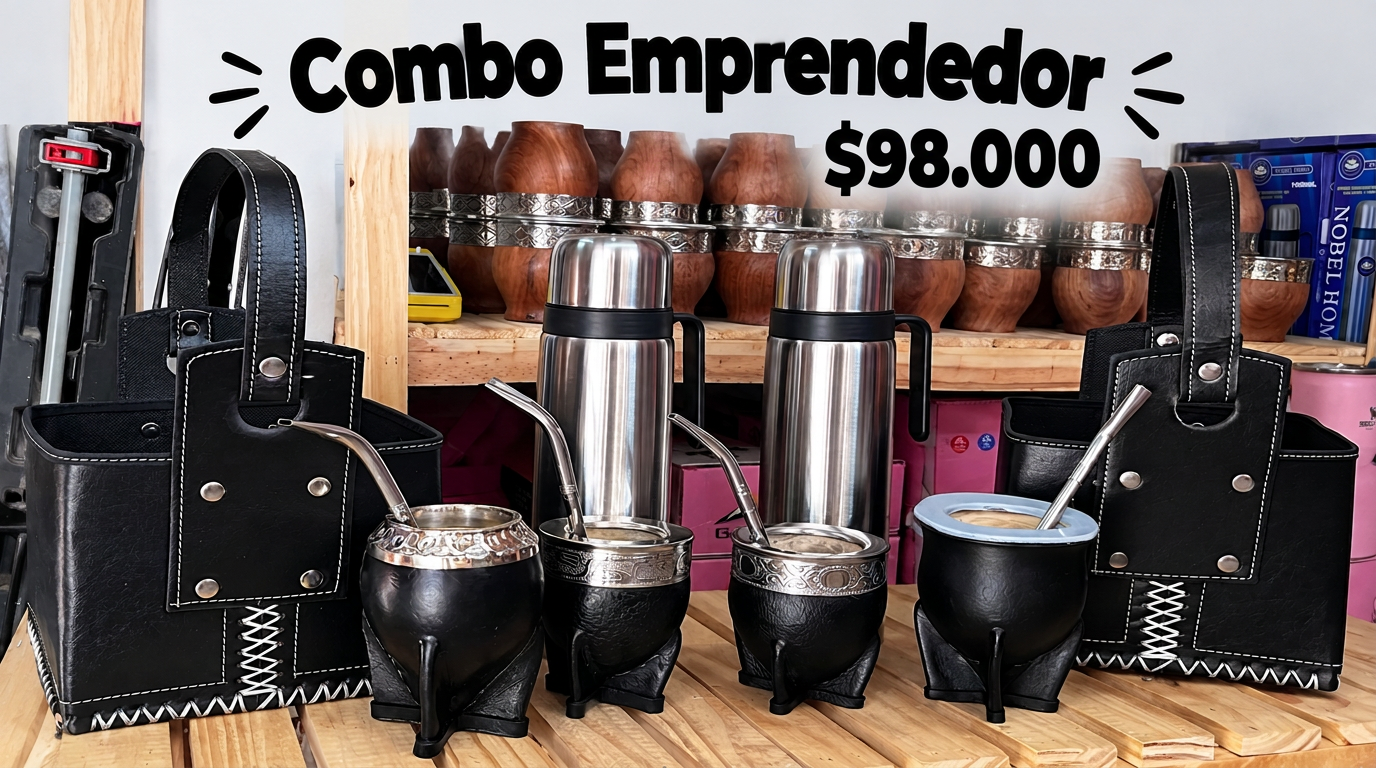 Combo Emprendedor Plus de $98.000 con dos canastas negras, dos termos y cuatro mates