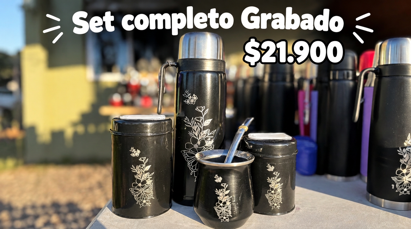 Set completo grabado de $21.900 con termo, mate y recipientes grabados