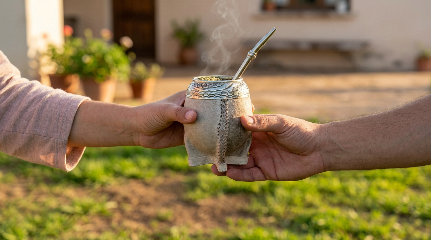 Dos personas compartiendo un mate artesanal en el campo